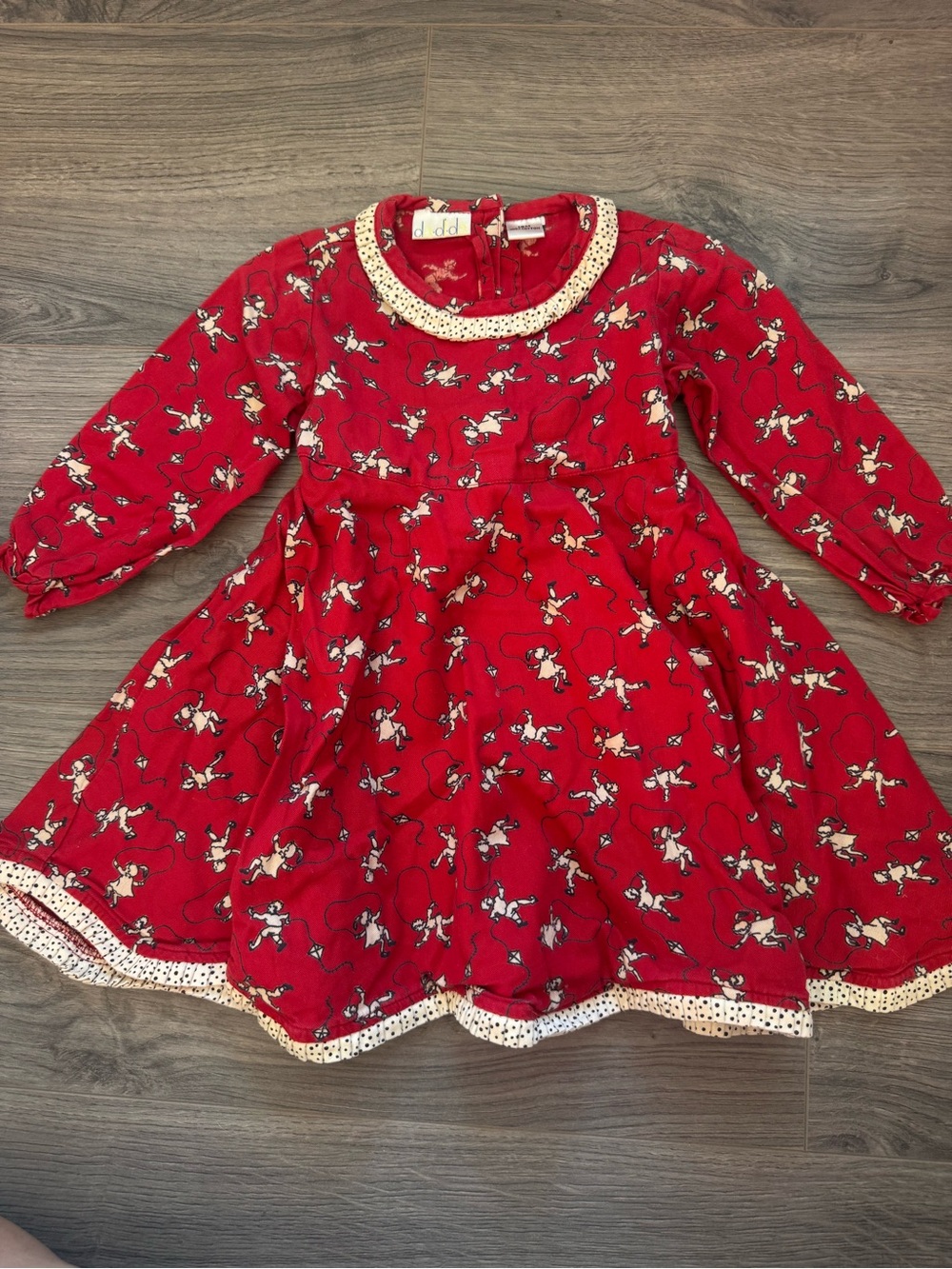 Da-Di-Da Vintage Dress Red Printed Long-Sleeve Polka Dot Trim Playing Children
